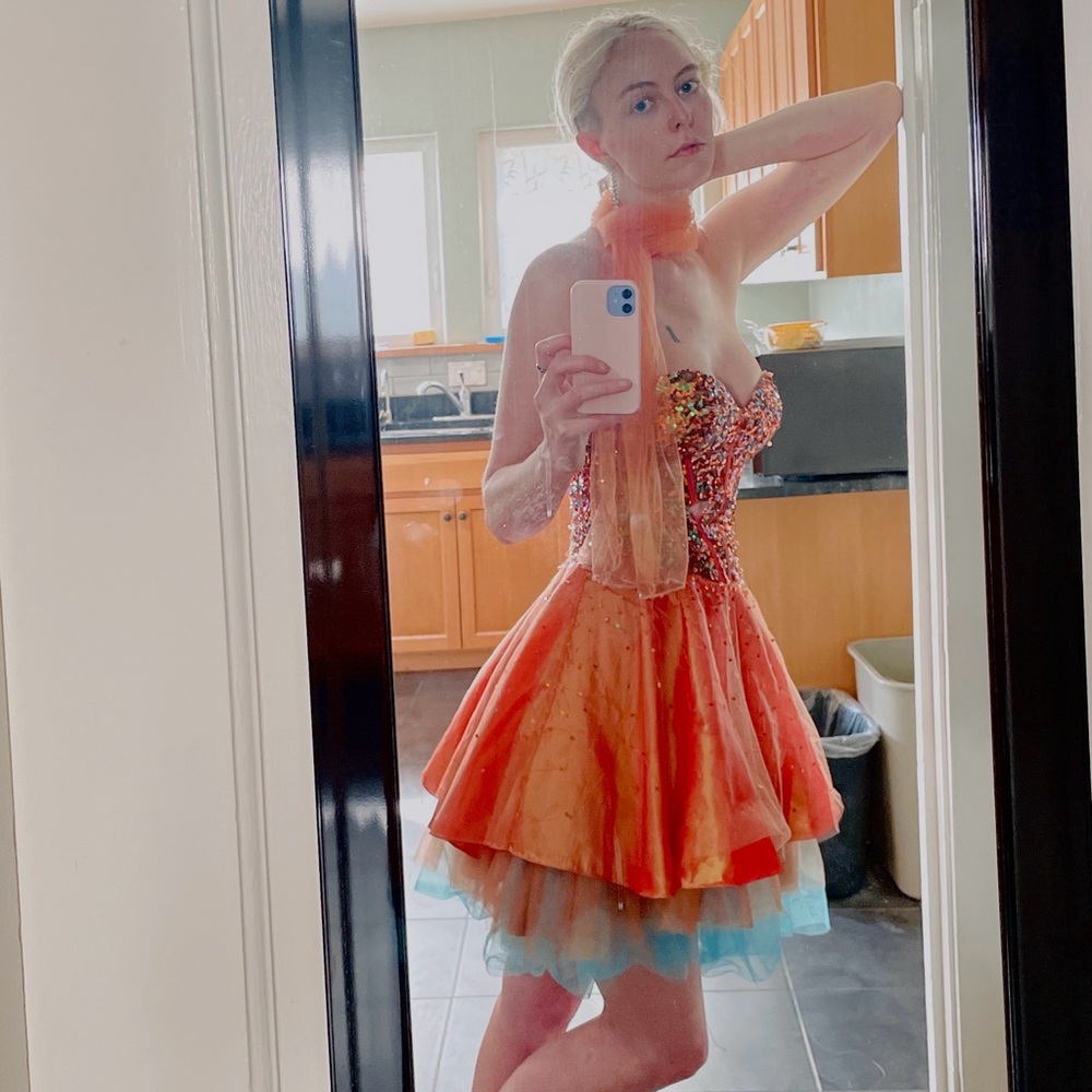 Vibrant Orange Strapless Dress with Beaded Bodice